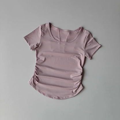 Women's Summer Breathable Mesh Splicing Yoga Sports Top Short Sleeve Pleated Waist Cinching Fitness T-Shirt for Active Wear