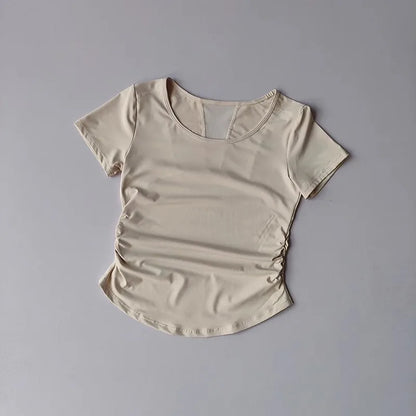 Women's Summer Breathable Mesh Splicing Yoga Sports Top Short Sleeve Pleated Waist Cinching Fitness T-Shirt for Active Wear