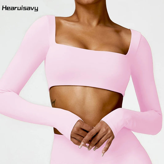 Hearuisavy Summer Casual Quick Dry Sportswear Women Square Neck Gym Top Women Fitness Sports Crop Top Long Sleeve Yoga Clothing