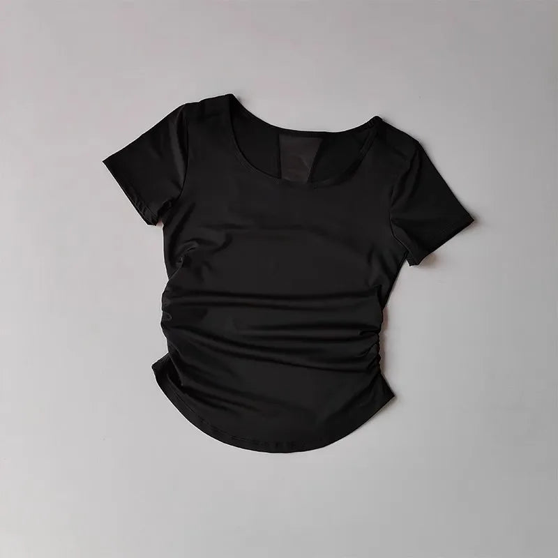 Women's Summer Breathable Mesh Splicing Yoga Sports Top Short Sleeve Pleated Waist Cinching Fitness T-Shirt for Active Wear