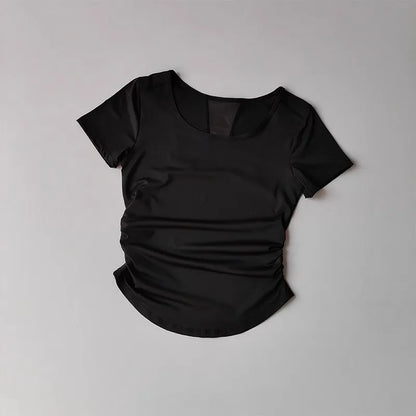 Women's Summer Breathable Mesh Splicing Yoga Sports Top Short Sleeve Pleated Waist Cinching Fitness T-Shirt for Active Wear