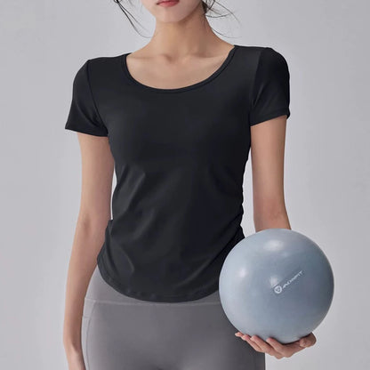 Women's Summer Breathable Mesh Splicing Yoga Sports Top Short Sleeve Pleated Waist Cinching Fitness T-Shirt for Active Wear