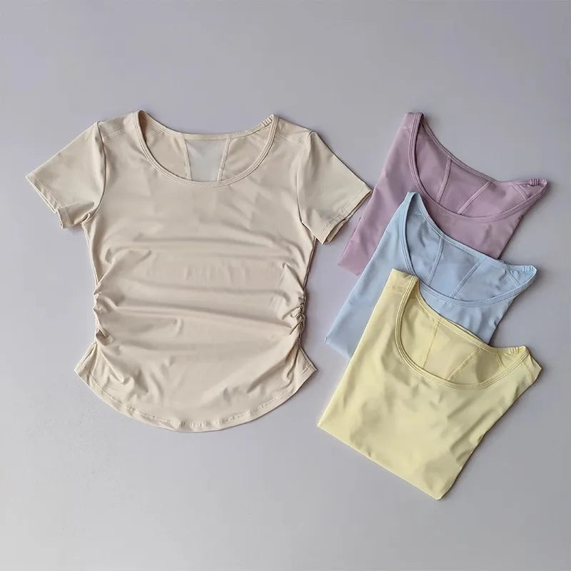 Women's Summer Breathable Mesh Splicing Yoga Sports Top Short Sleeve Pleated Waist Cinching Fitness T-Shirt for Active Wear