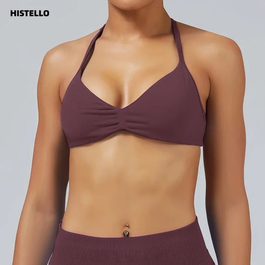 HISTELLO Impacts Strappy Bra Gym Top Women High Support Thin Strap Halter Sports Seamless Bra Scrunch Push-up Workout Yoga Tanks