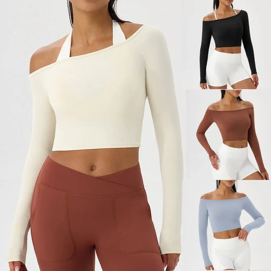Women Sexy Off Shoulder Yoga Top Long Sleeve Gym Running Top Solid Quick-Dry Sport Workout Shirt