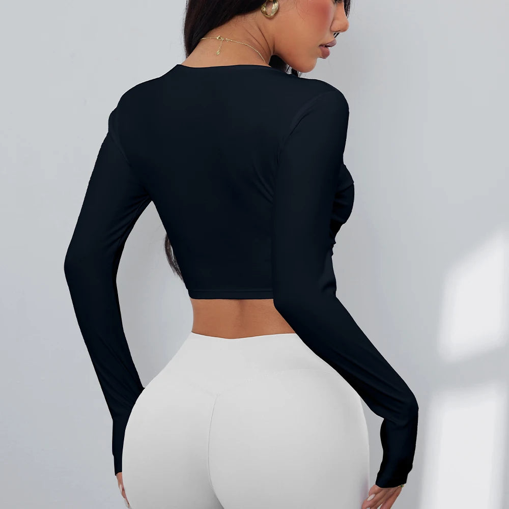 Anfilia Women Fitness Yoga Top Sexy V-Neck Front Twist Design Long Sleeve Quick Dry Breathable Built-In Bra Gym Running Crop Top