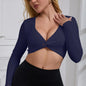 Anfilia Women Fitness Yoga Top Sexy V-Neck Front Twist Design Long Sleeve Quick Dry Breathable Built-In Bra Gym Running Crop Top