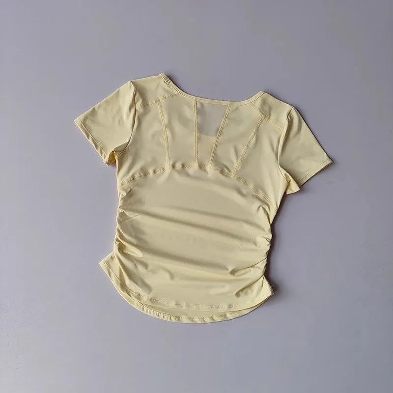 Women's Summer Breathable Mesh Splicing Yoga Sports Top Short Sleeve Pleated Waist Cinching Fitness T-Shirt for Active Wear