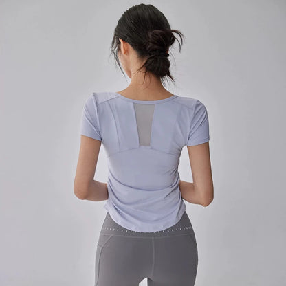 Women's Summer Breathable Mesh Splicing Yoga Sports Top Short Sleeve Pleated Waist Cinching Fitness T-Shirt for Active Wear