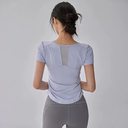 Women's Summer Breathable Mesh Splicing Yoga Sports Top Short Sleeve Pleated Waist Cinching Fitness T-Shirt for Active Wear