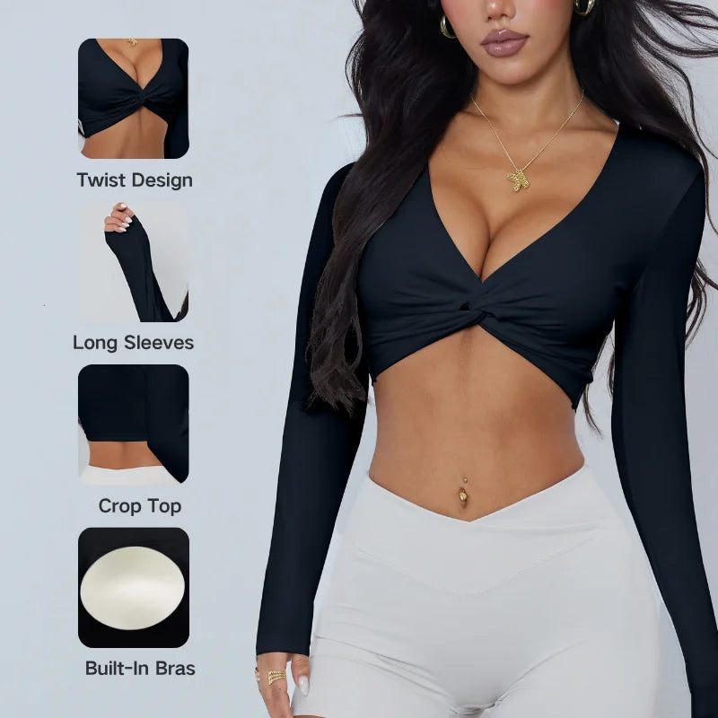 Anfilia Women Fitness Yoga Top Sexy V-Neck Front Twist Design Long Sleeve Quick Dry Breathable Built-In Bra Gym Running Crop Top