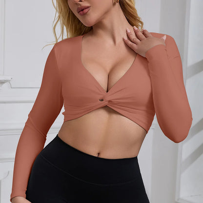 Anfilia Women Fitness Yoga Top Sexy V-Neck Front Twist Design Long Sleeve Quick Dry Breathable Built-In Bra Gym Running Crop Top