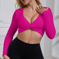 Anfilia Women Fitness Yoga Top Sexy V-Neck Front Twist Design Long Sleeve Quick Dry Breathable Built-In Bra Gym Running Crop Top