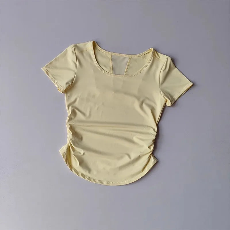 Women's Summer Breathable Mesh Splicing Yoga Sports Top Short Sleeve Pleated Waist Cinching Fitness T-Shirt for Active Wear