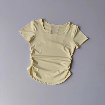 Women's Summer Breathable Mesh Splicing Yoga Sports Top Short Sleeve Pleated Waist Cinching Fitness T-Shirt for Active Wear