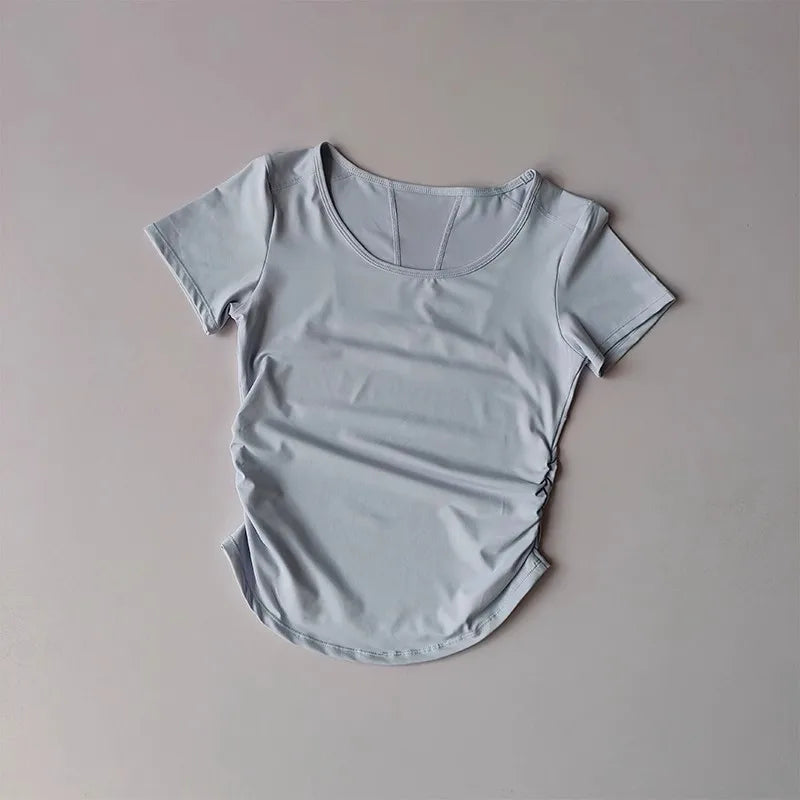 Women's Summer Breathable Mesh Splicing Yoga Sports Top Short Sleeve Pleated Waist Cinching Fitness T-Shirt for Active Wear